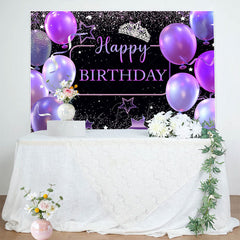 Lofaris Black Purple Balloons Crown Happy Birthday Backdrop