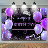 Lofaris Black Purple Balloons Crown Happy Birthday Backdrop