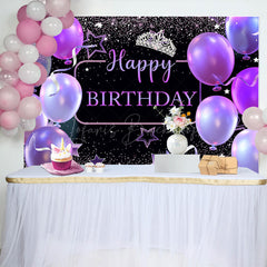 Lofaris Black Purple Balloons Crown Happy Birthday Backdrop