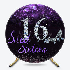 Lofaris Black Purple Glitter Sweet 16 Round Birthday Backdrop