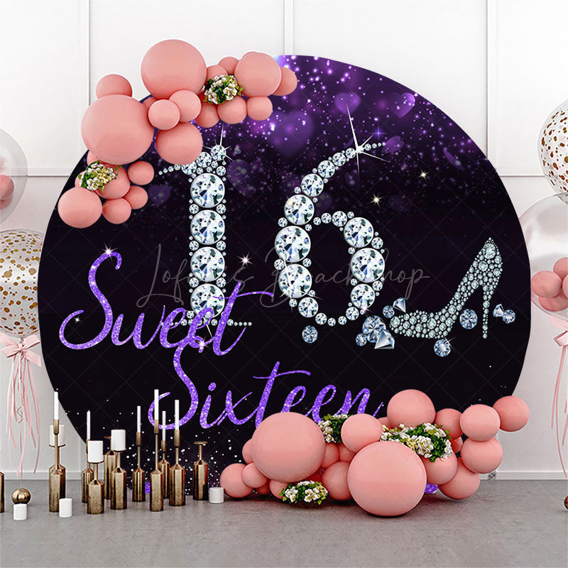 Lofaris Black Purple Glitter Sweet 16 Round Birthday Backdrop