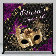 Lofaris Black Purple Rose Masquerade Custom Sweet 16 Backdrop