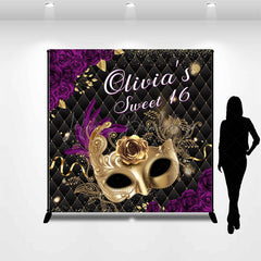 Lofaris Black Purple Rose Masquerade Custom Sweet 16 Backdrop