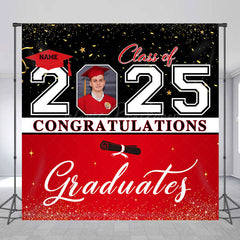 Lofaris Black Red Custom Name Photo Congrats Grad Backdrop