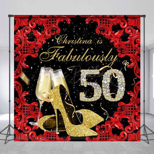 Lofaris Black Red Fabulously 50 Custom Name Birthday Backdrop
