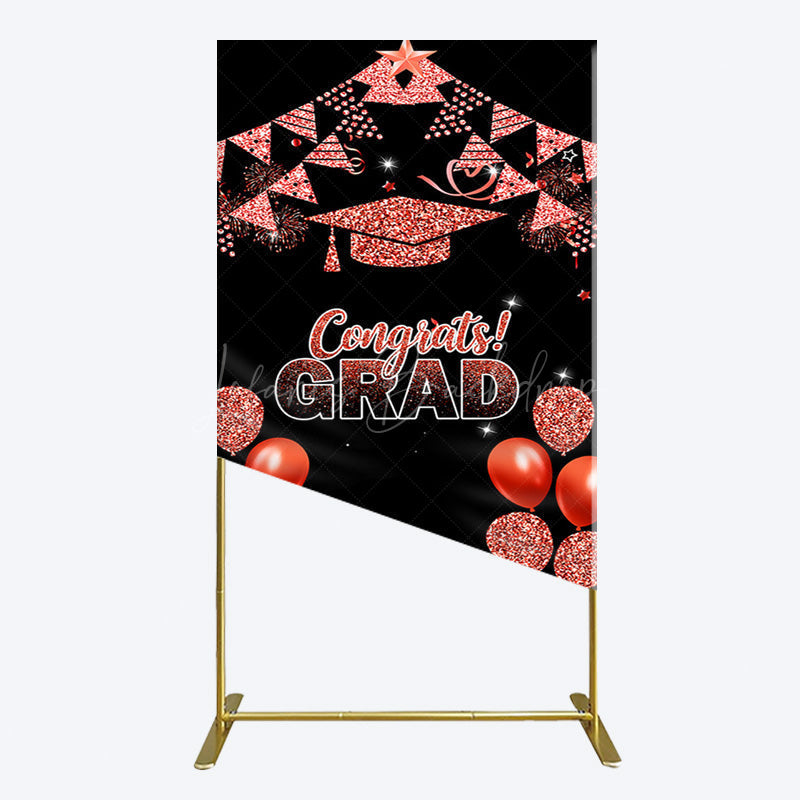 Lofaris Black Red Glitter Balloon Congrats Grad Rectangle Backdrop