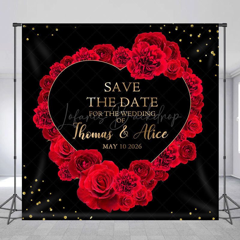 Lofaris Black Red Rose Heart Custom Name Wedding Backdrop
