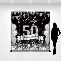 Lofaris Black Silver Balloon Flags Custom Birthday Backdrop
