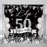 Lofaris Black Silver Balloon Flags Custom Birthday Backdrop