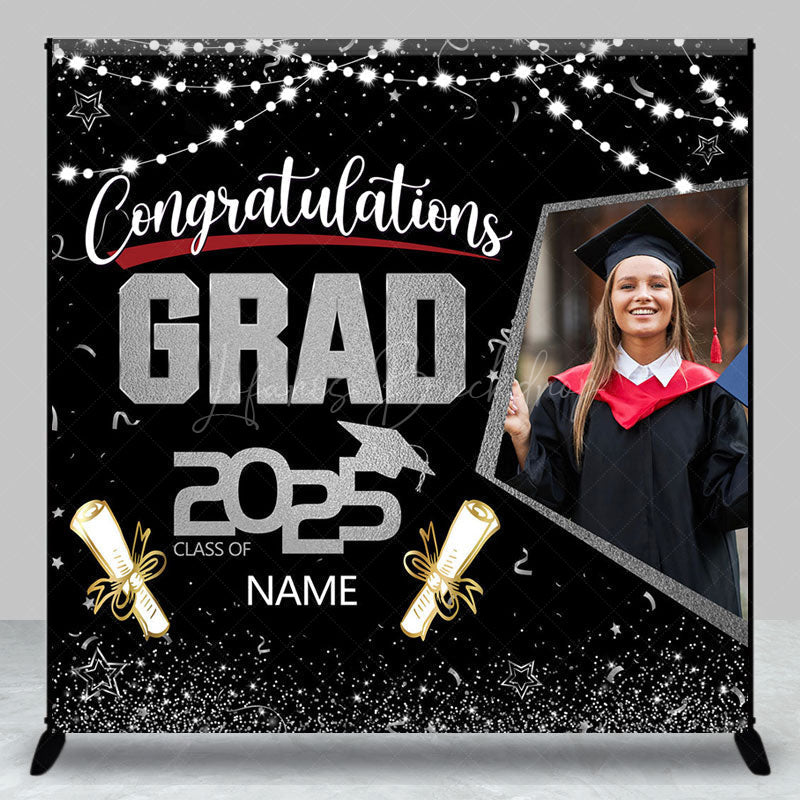 Lofaris Black Silver Custom Name Photo Congrats Grad Backdrop