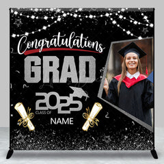 Lofaris Black Silver Custom Name Photo Congrats Grad Backdrop
