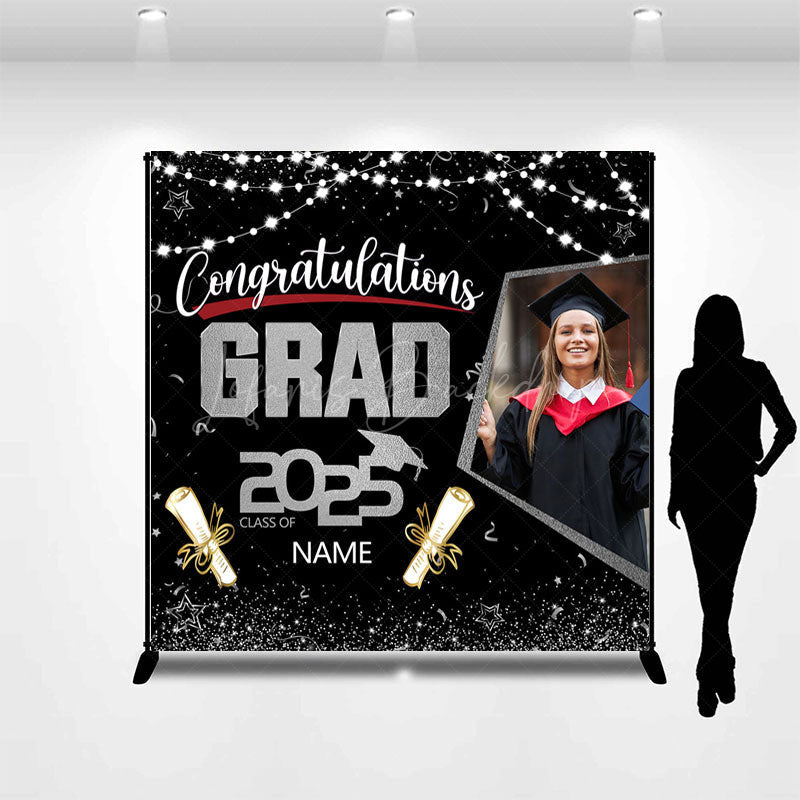 Lofaris Black Silver Custom Name Photo Congrats Grad Backdrop