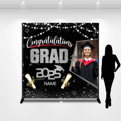 Lofaris Black Silver Custom Name Photo Congrats Grad Backdrop