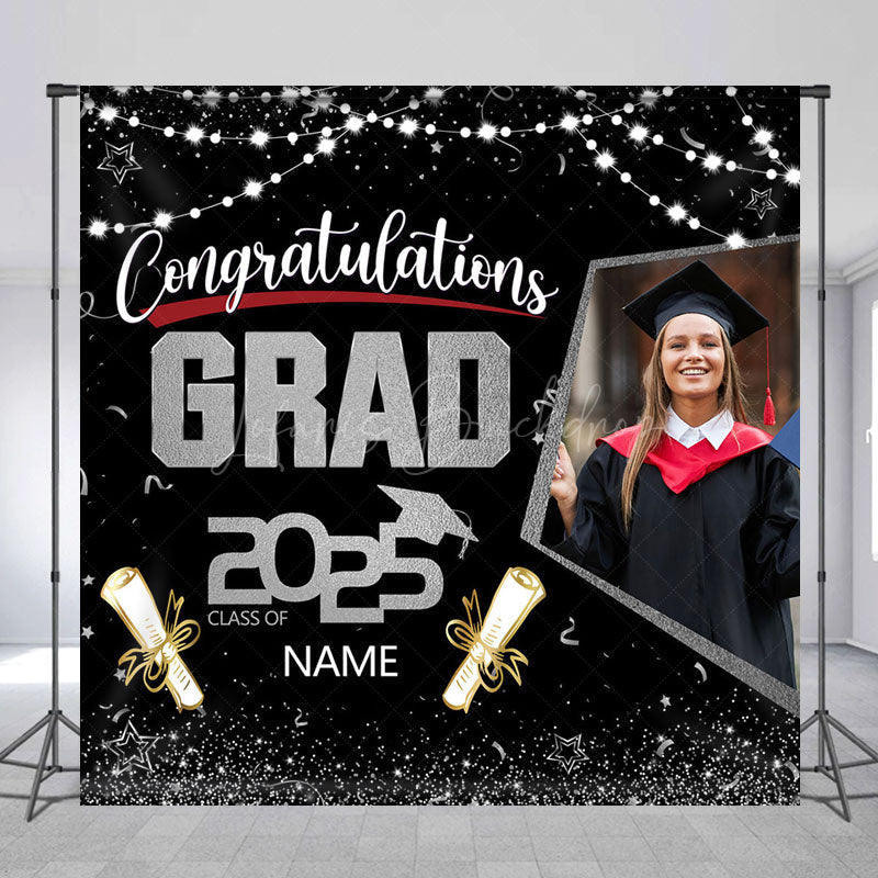 Lofaris Black Silver Custom Name Photo Congrats Grad Backdrop