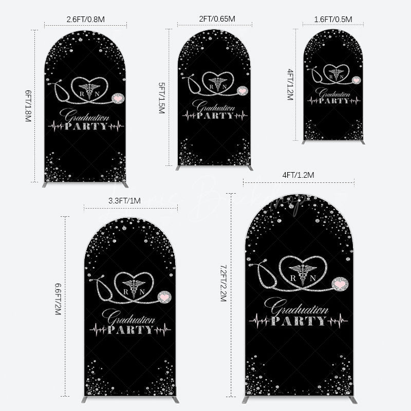 Lofaris Black Silver Glitter RN Graduation Party Arch Backdrop