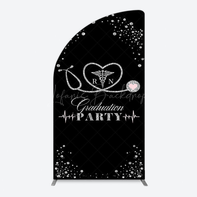 Lofaris Black Silver Glitter RN Graduation Party Half Moon Arch Backdrop