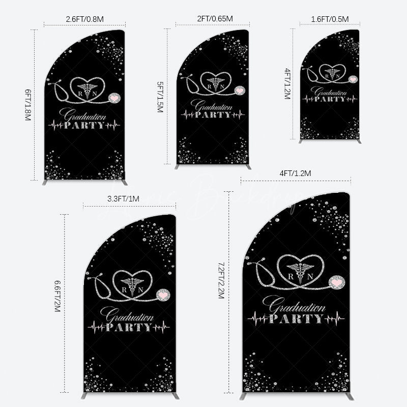 Lofaris Black Silver Glitter RN Graduation Party Half Moon Arch Backdrop