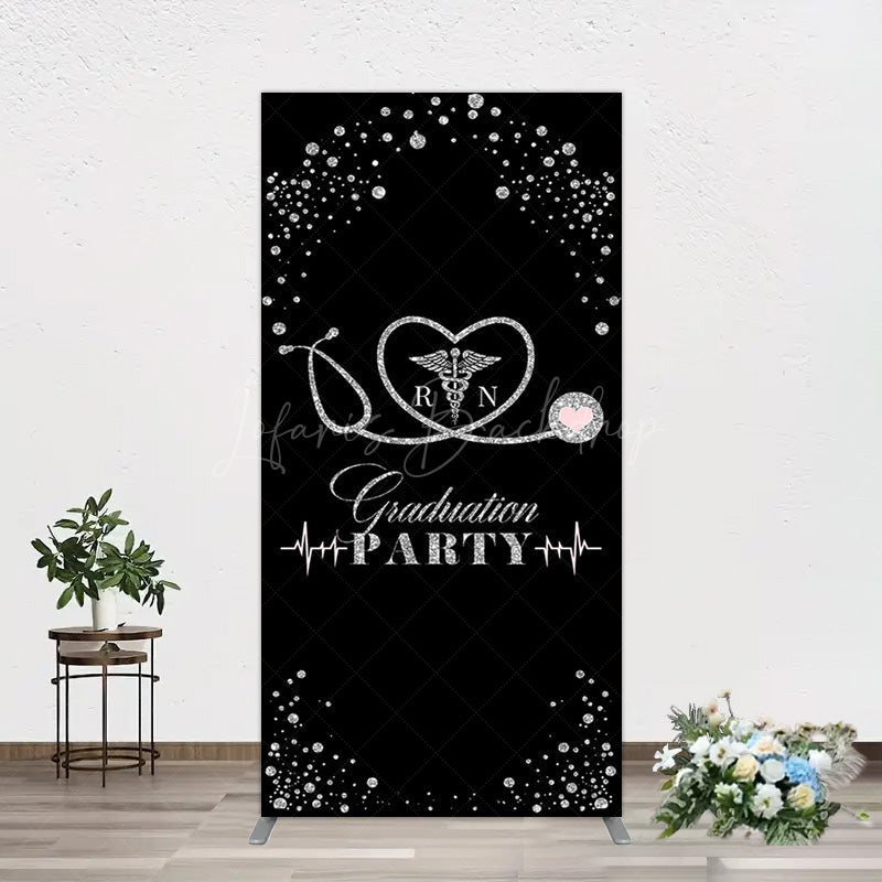 Lofaris Black Silver Glitter RN Graduation Party Rectangle Backdrop