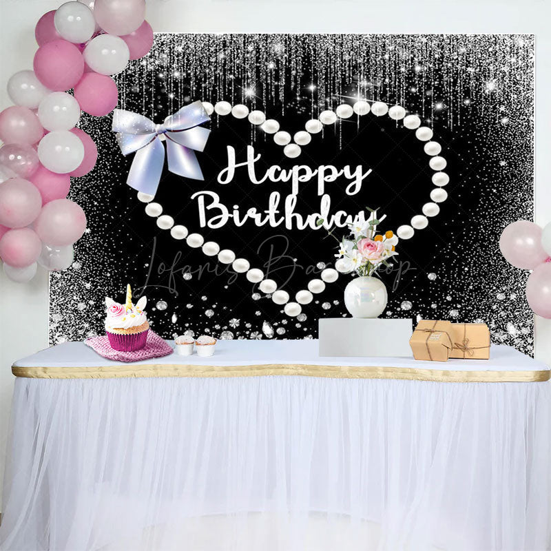 Lofaris Black Silver Pearls Heart Bow Birthday Backdrop