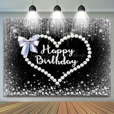 Lofaris Black Silver Pearls Heart Bow Birthday Backdrop