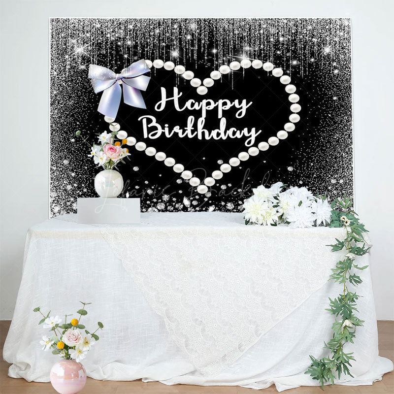 Lofaris Black Silver Pearls Heart Bow Birthday Backdrop
