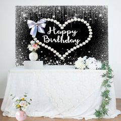 Lofaris Black Silver Pearls Heart Bow Birthday Backdrop