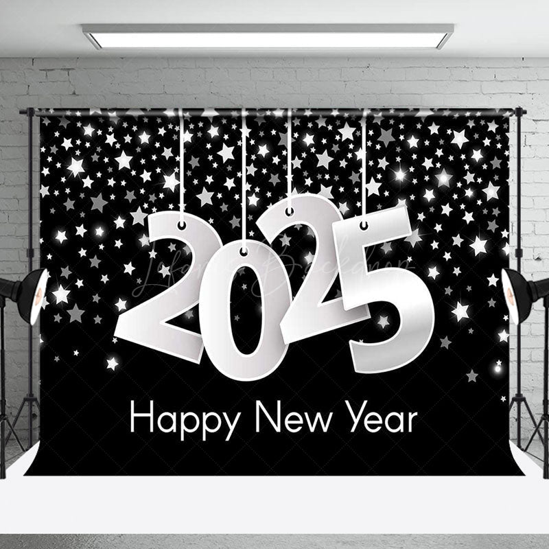 Lofaris Black Silver Stars 2025 Happy New Year Backdrop