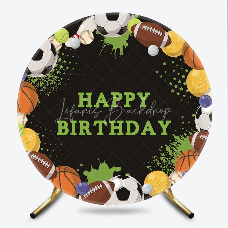 Lofaris Black Sports Ball Happy Birthday Round Backdrop featuring Soccer Football and Basketball Party Decor