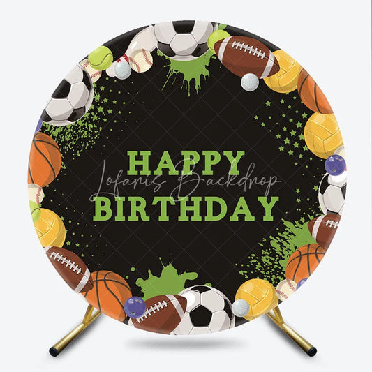 Lofaris Black Sports Ball Happy Birthday Round Backdrop featuring Soccer Football and Basketball Party Decor