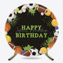 Lofaris Black Sports Ball Happy Birthday Round Backdrop featuring Soccer Football and Basketball Party Decor