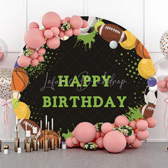 Lofaris Black Sports Ball Happy Birthday Round Backdrop featuring Soccer Football and Basketball Party Decor