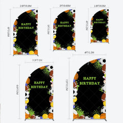 Lofaris Black Sports Theme Happy Birthday Half Moon Arch Backdrop with Various Balls Green Splatter Stars Decor