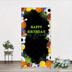 Lofaris Black Sports Theme Happy Birthday Rectangle Backdrop with Various Balls Green Splatter Stars Decor