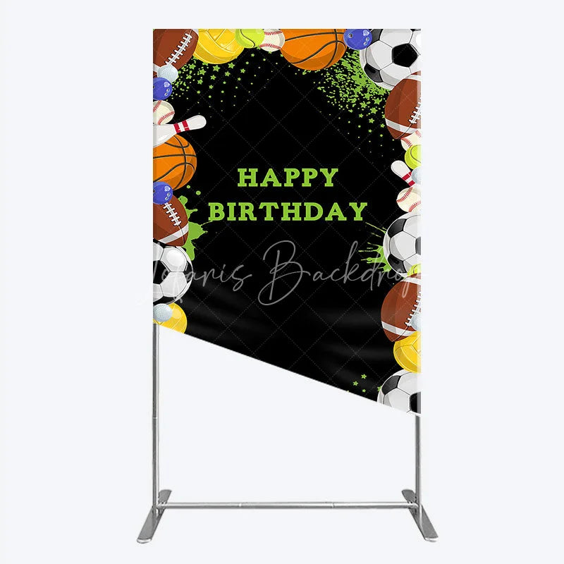 Lofaris Black Sports Theme Happy Birthday Rectangle Backdrop with Various Balls Green Splatter Stars Decor
