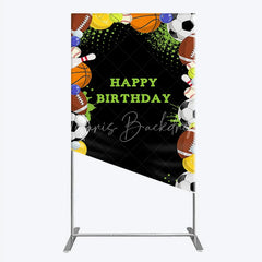 Lofaris Black Sports Theme Happy Birthday Rectangle Backdrop with Various Balls Green Splatter Stars Decor