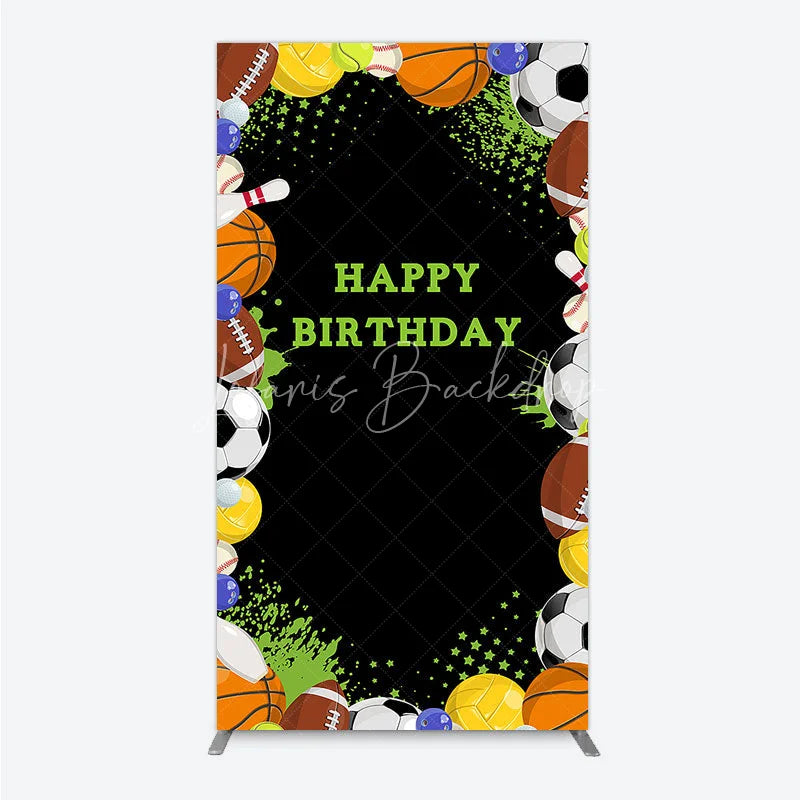 Lofaris Black Sports Theme Happy Birthday Rectangle Backdrop with Various Balls Green Splatter Stars Decor