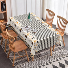 Lofaris Black Striped Orange Floral Border Rectangle Tablecloth Cream Background Fall Flower Modern Farmhouse Dining Table Cover