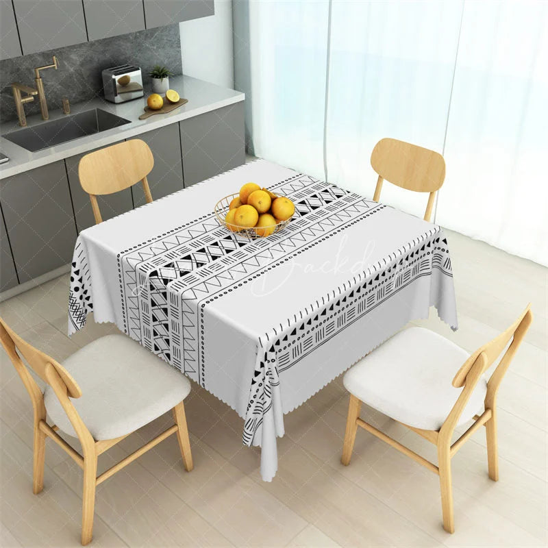 Lofaris Black Tribal Geometric Band Rectangle Tablecloth Modern Boho Pattern Table Cover for Dining