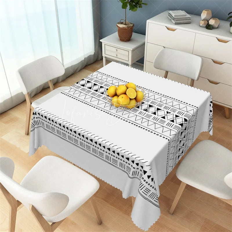 Lofaris Black Tribal Geometric Band Rectangle Tablecloth Modern Boho Pattern Table Cover for Dining