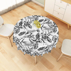 Lofaris Black Tropical Leaf Sketch Round Tablecloth Modern Botanical Jungle Pattern for Summer Decor