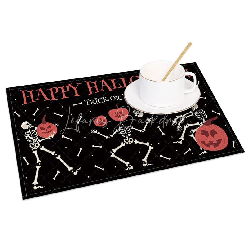 Lofaris Black White and Red Skeletons with Pumpkins Set of 4 Placemats for Spooky Halloween Party Decor