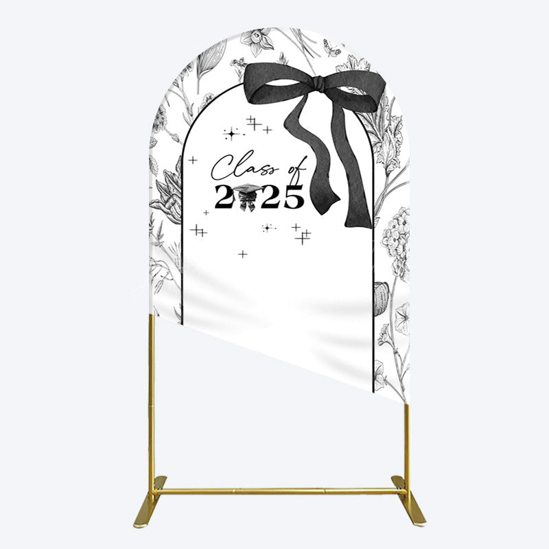 Lofaris Black White Bow Floral Congrats Graduation Arch Backdrop