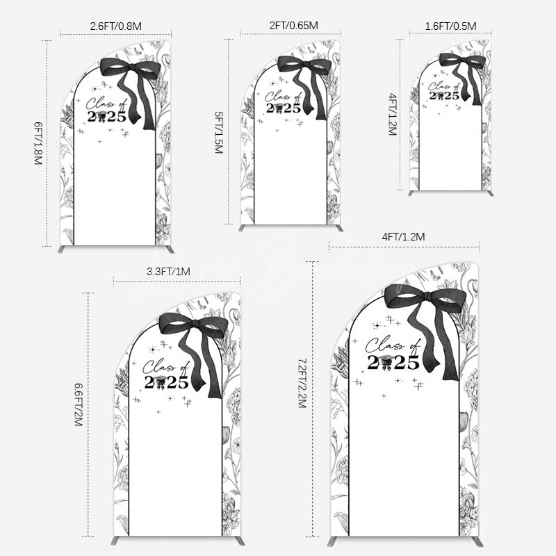 Lofaris Black White Bow Floral Congrats Graduation Half Moon Arch Backdrop