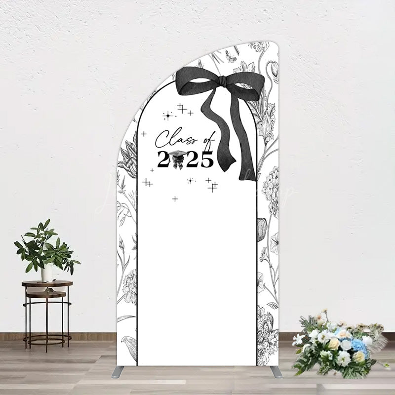 Lofaris Black White Bow Floral Congrats Graduation Half Moon Arch Backdrop