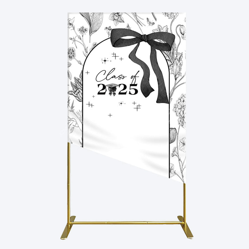 Lofaris Black White Bow Floral Congrats Graduation Rectangle Backdrop