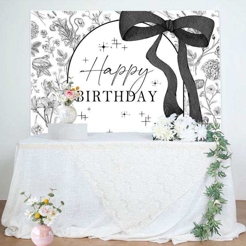Lofaris Black White Bow Tie Floral Happy Birthday Backdrop