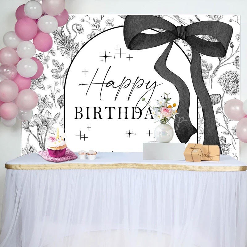 Lofaris Black White Bow Tie Floral Happy Birthday Backdrop