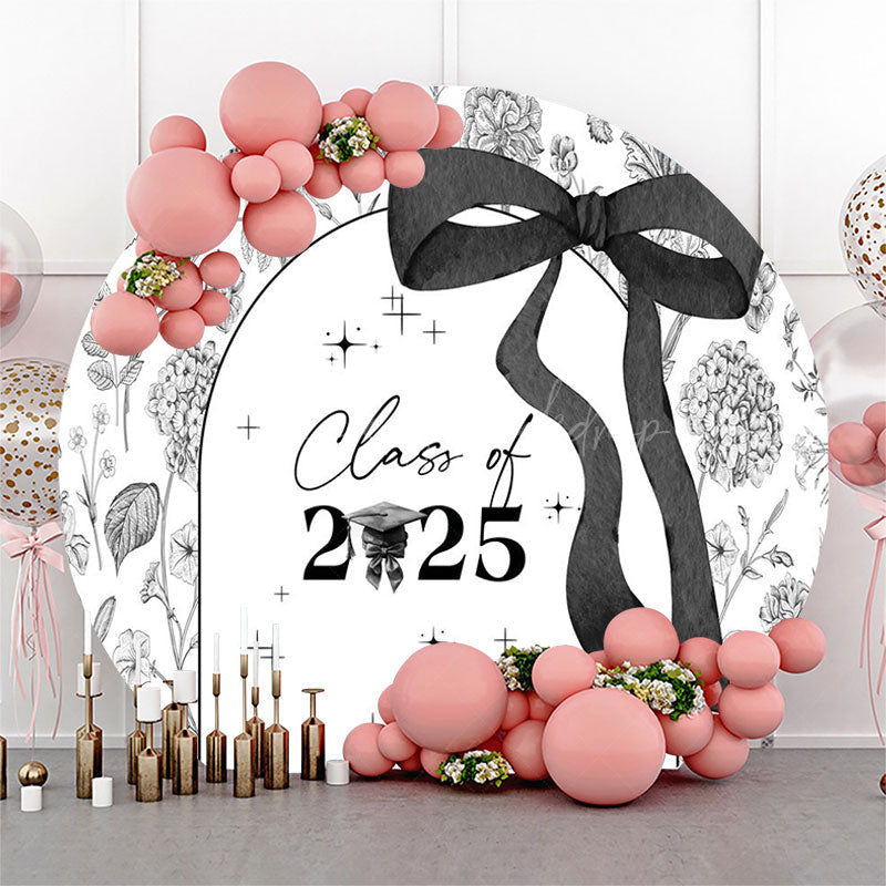 Lofaris Black White Floral Bow Round Congrats Grad Backdrop
