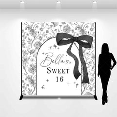 Lofaris Black White Floral Custom Name Sweet 16 Backdrop
