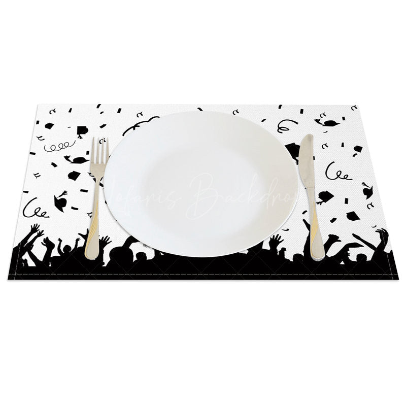 Lofaris Black White Mortarboards Scroll Set of 4 Placemats